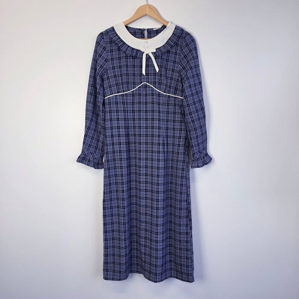 Simple Retro Whitney Round Neck Tie Bow Collision Blue Check Dress Sz Medium - Picture 2 of 11